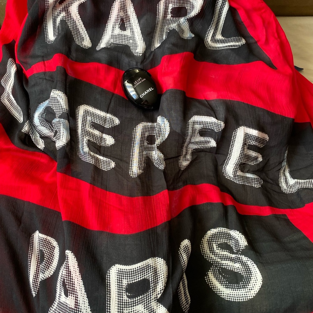 Karl Lagerfeld Black, Red & White Logo Scarf/ Shawl